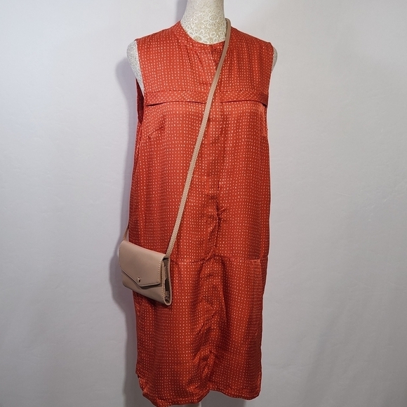 Fossil Women's 100% Silk Orange Ditzy Print Button Down Pockets Shift Dress SZ 4 - Picture 1 of 14